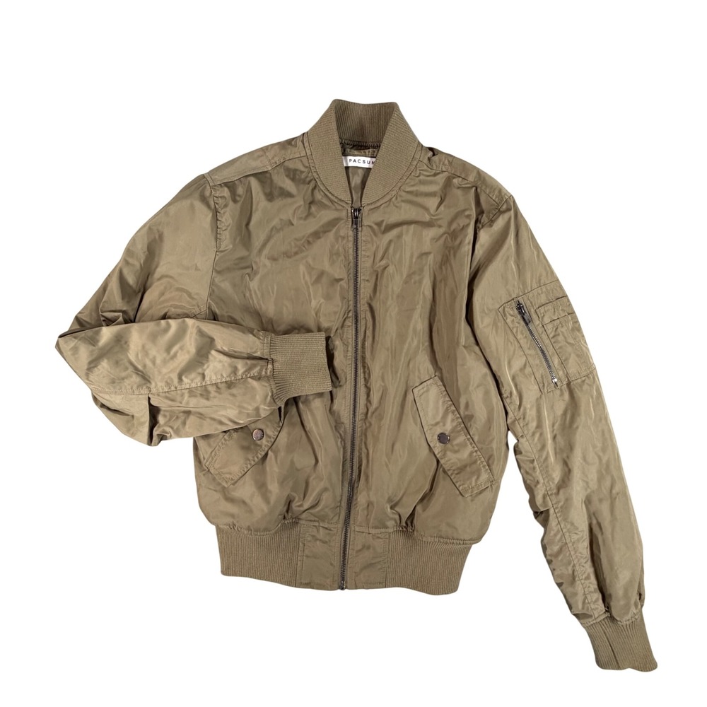 PacSun Bomber Jacket Mens‎ Small Olive Green Utility Sleeve Pocket Zip Up